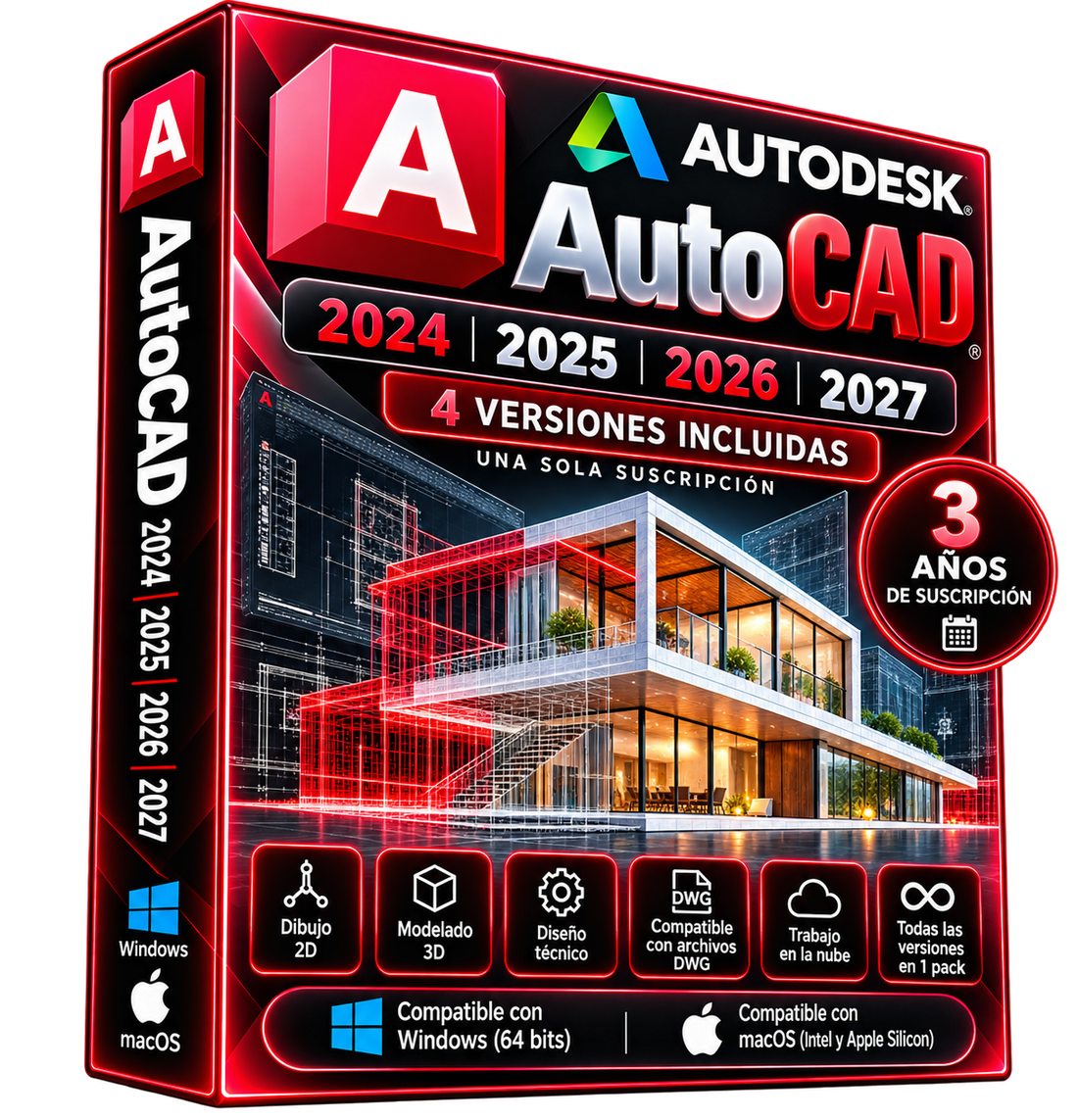 Imagen ilustrativa de AutoCAD 2024, 2025, 2026 y 2027, una suscripción de tres años