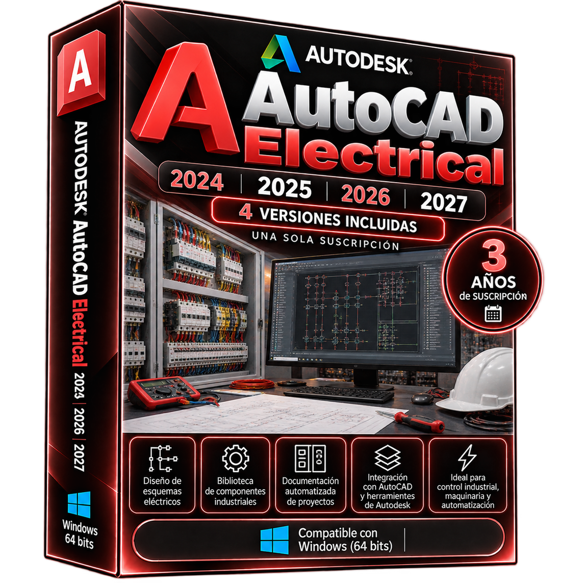 Caja promocional ilustrativa AutoCAD Electrical 2024–2027 en rojo, negro y plata