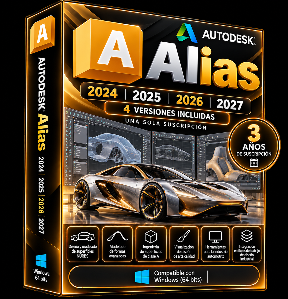 Imagen promocional ilustrativa dorada de Autodesk Alias 2024–2027, suscripción anunciada de tres años