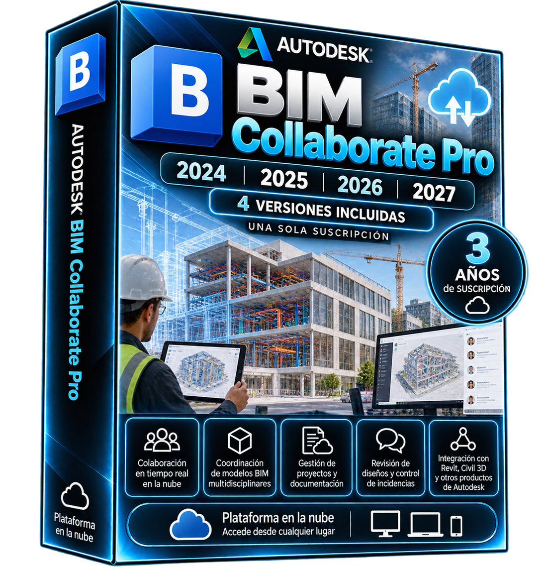 Caja promocional ilustrativa azul y turquesa Autodesk BIM Collaborate Pro 2024–2027
