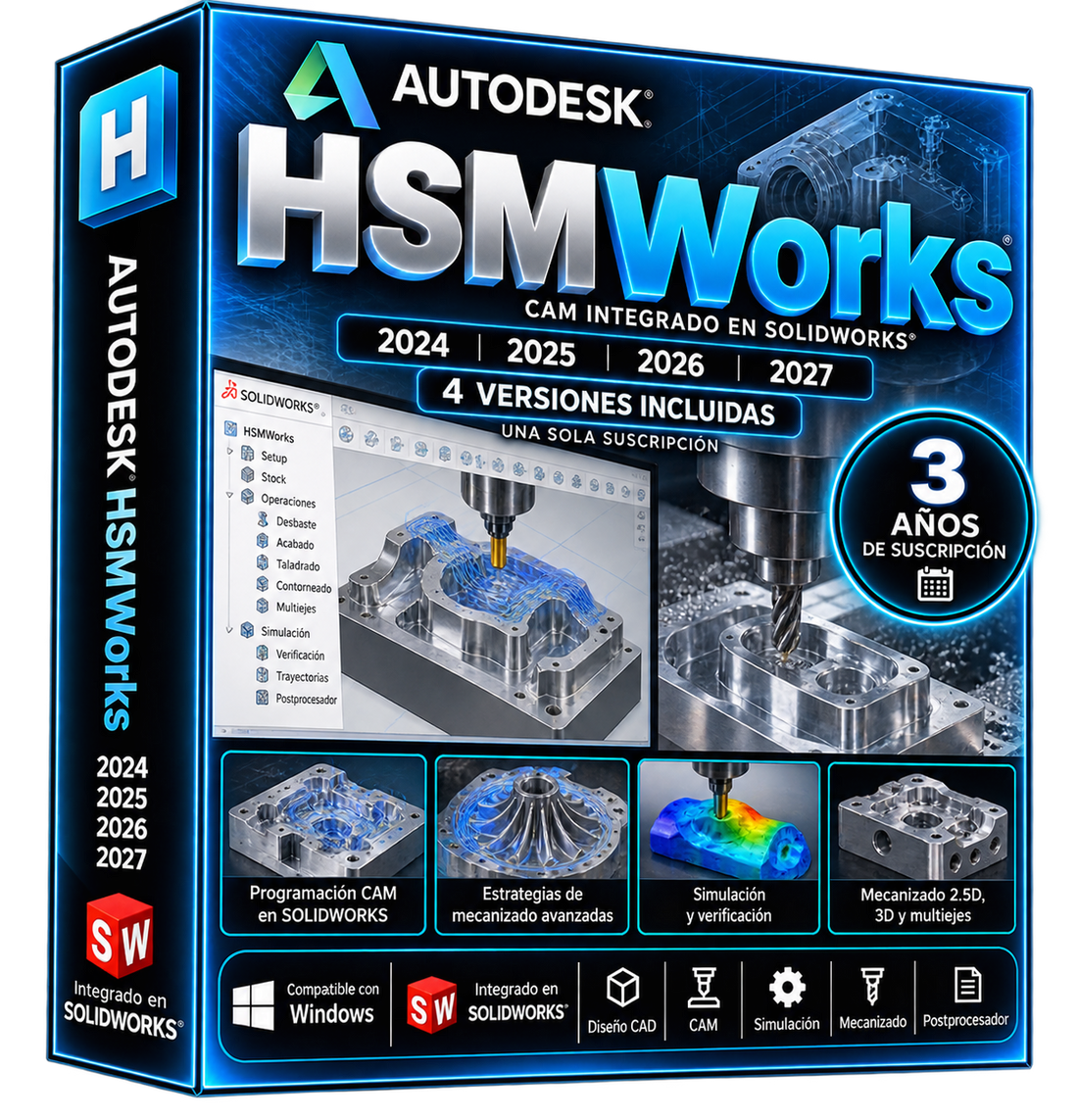 Imagen ilustrativa Autodesk HSMWorks 2024–2027, mecanizado CNC y simulación CAM en SOLIDWORKS