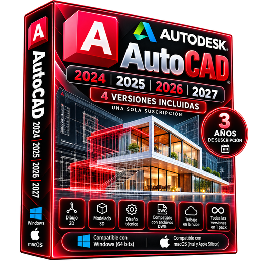 Imagen ilustrativa de AutoCAD 2024, 2025, 2026 y 2027, una suscripción de tres años