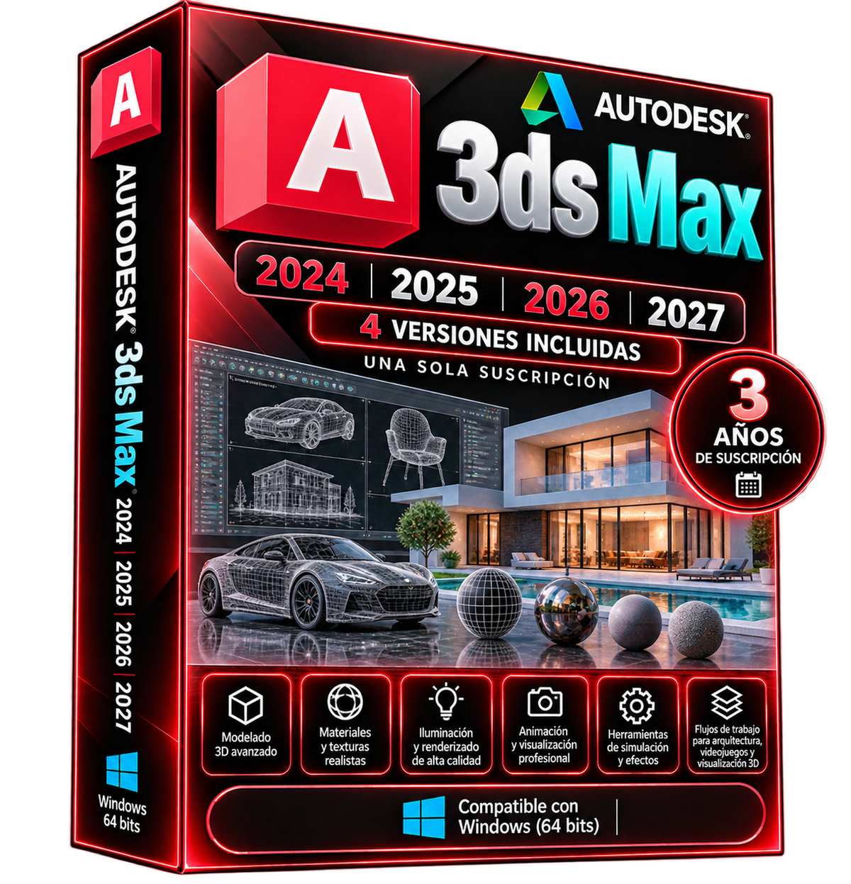Imagen promocional ilustrativa de Autodesk 3ds Max 2024–2027, suscripción anunciada de tres años