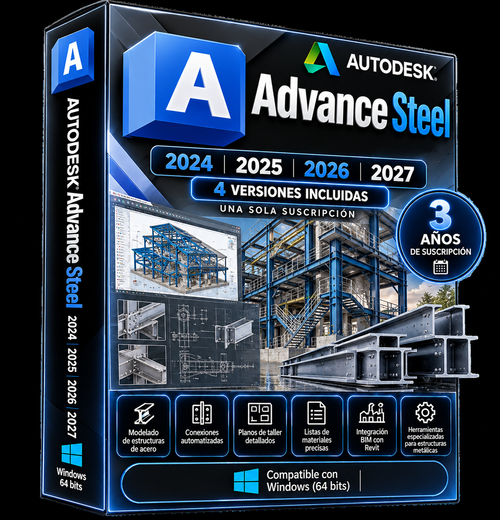 Imagen ilustrativa azul y negra de Autodesk Advance Steel 2024–2027, una suscripción de tres años