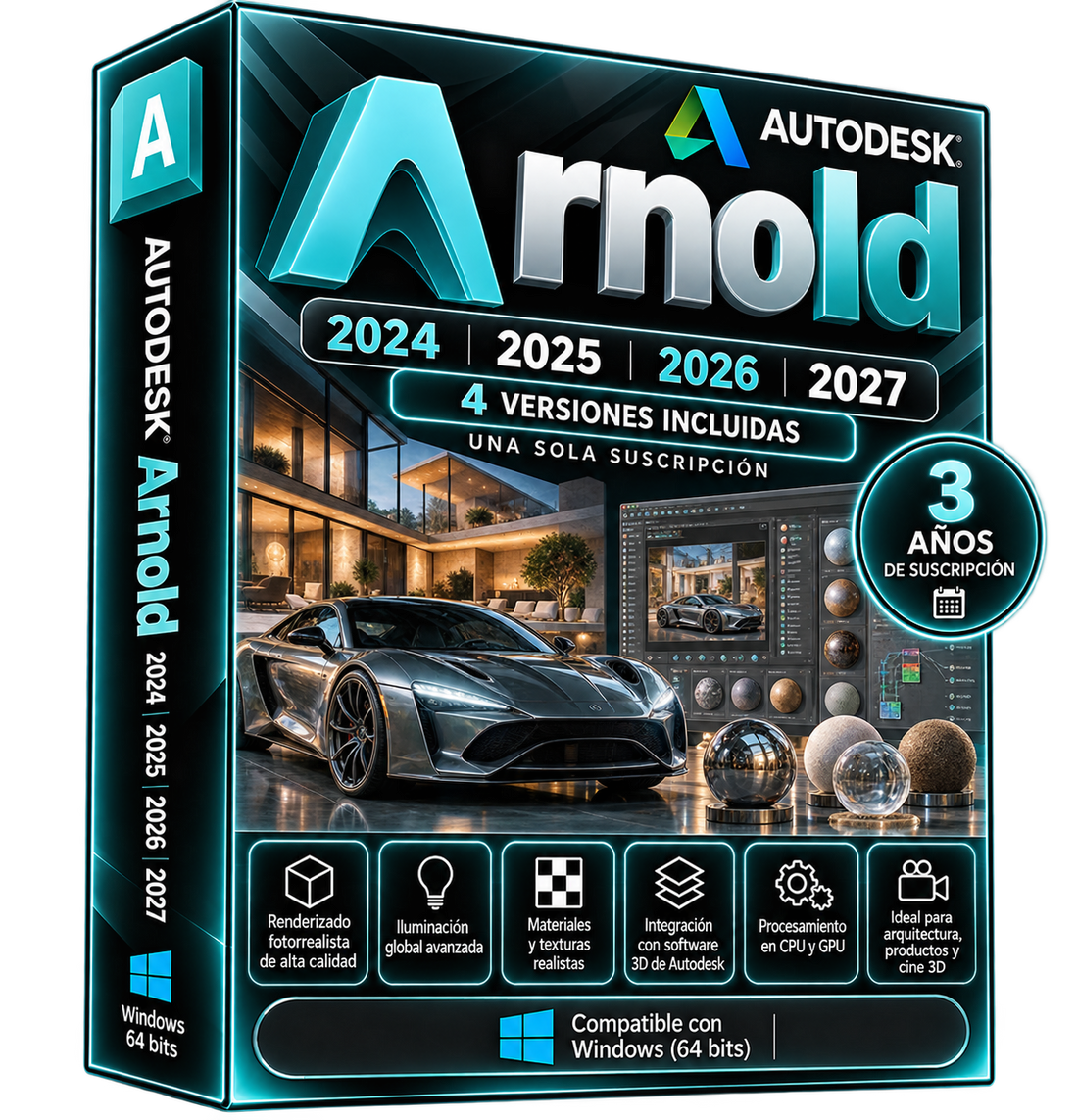 Imagen promocional ilustrativa Autodesk Arnold 2024–2027, caja negra y turquesa