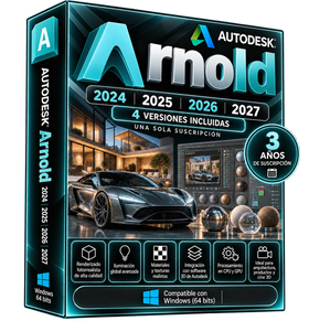 Imagen promocional ilustrativa Autodesk Arnold 2024–2027, caja negra y turquesa