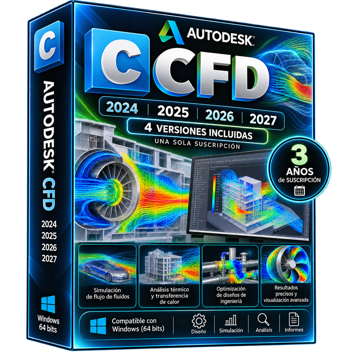 Imagen promocional ilustrativa azul, verde y cian Autodesk CFD 2024–2027