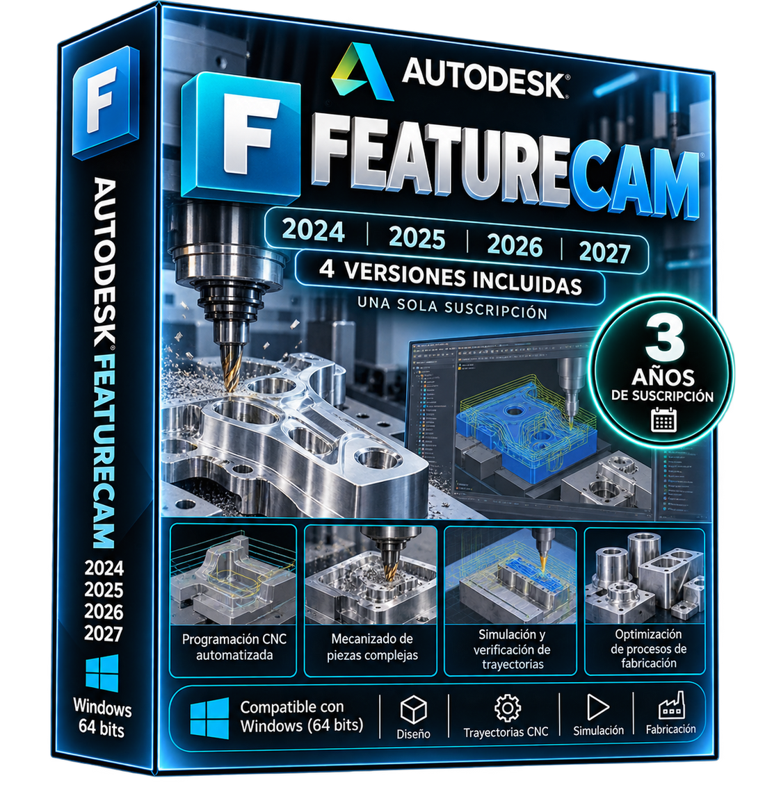 Imagen promocional ilustrativa Autodesk FeatureCAM 2024–2027, fabricación CAM y CNC