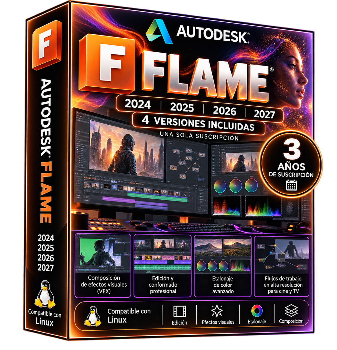 Caja promocional ilustrativa Autodesk Flame 2024–2027 para Linux