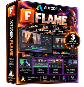 Caja promocional ilustrativa Autodesk Flame 2024–2027 para Linux
