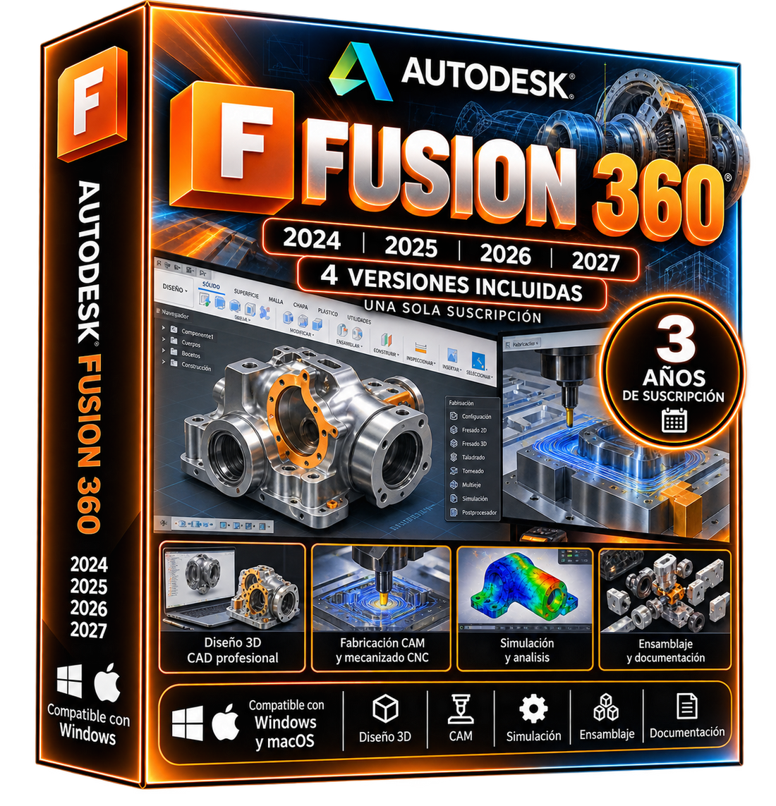 Imagen promocional ilustrativa Autodesk Fusion 360 2024–2027, ingeniería CAD/CAM y fabricación
