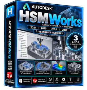 Imagen ilustrativa Autodesk HSMWorks 2024–2027, mecanizado CNC y simulación CAM en SOLIDWORKS