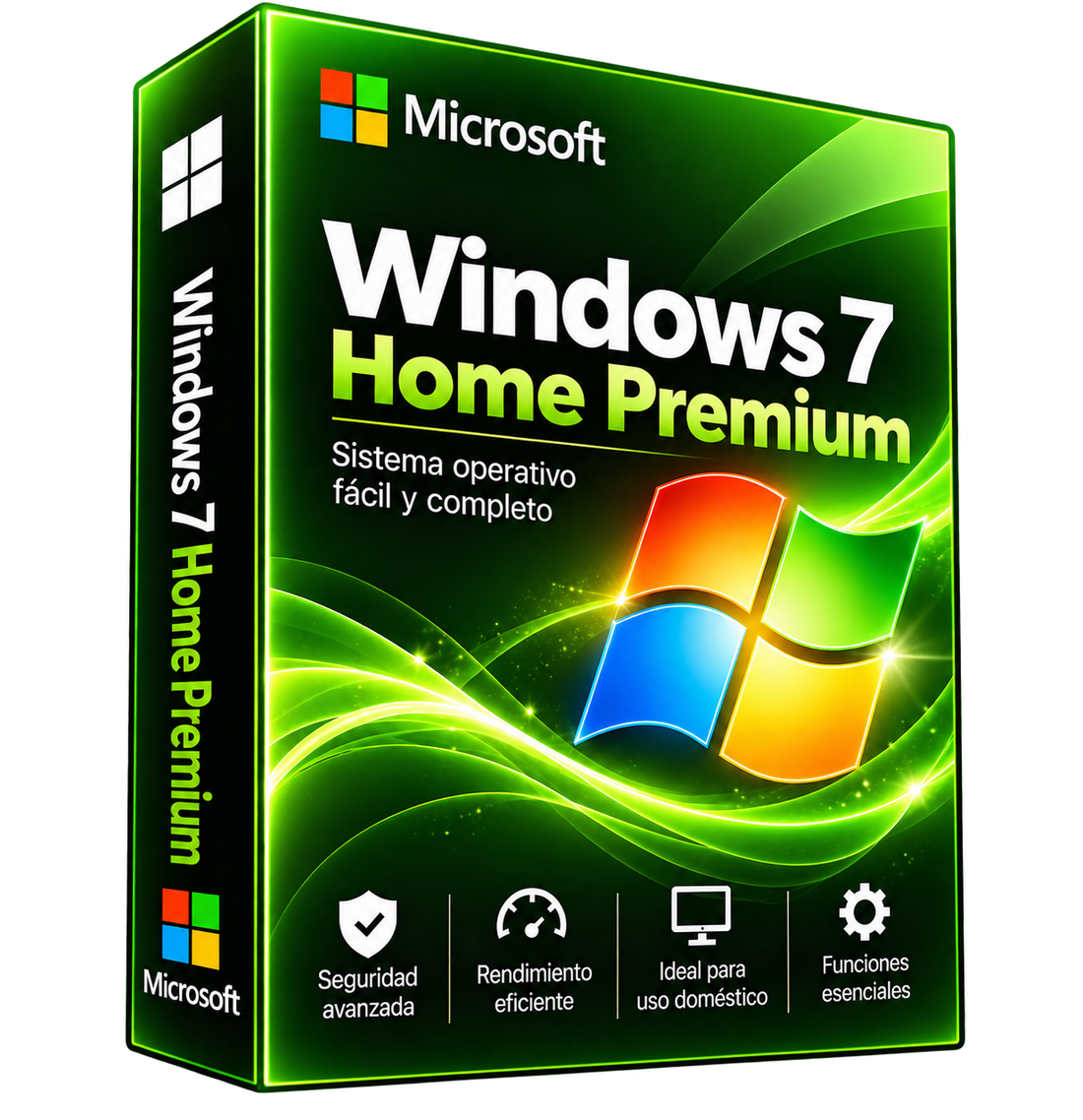 Windows 7 Home Premium, caja verde ilustrativa del producto digital