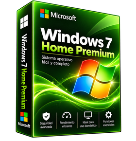 Windows 7 Home Premium, caja verde ilustrativa del producto digital