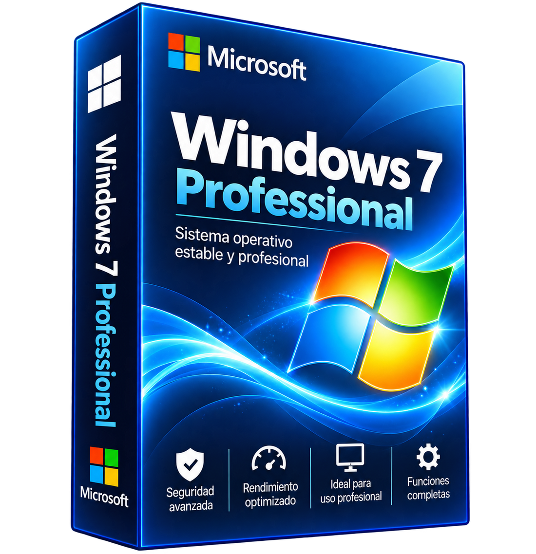 Windows 7 Professional, imagen ilustrativa de caja azul sin fondo