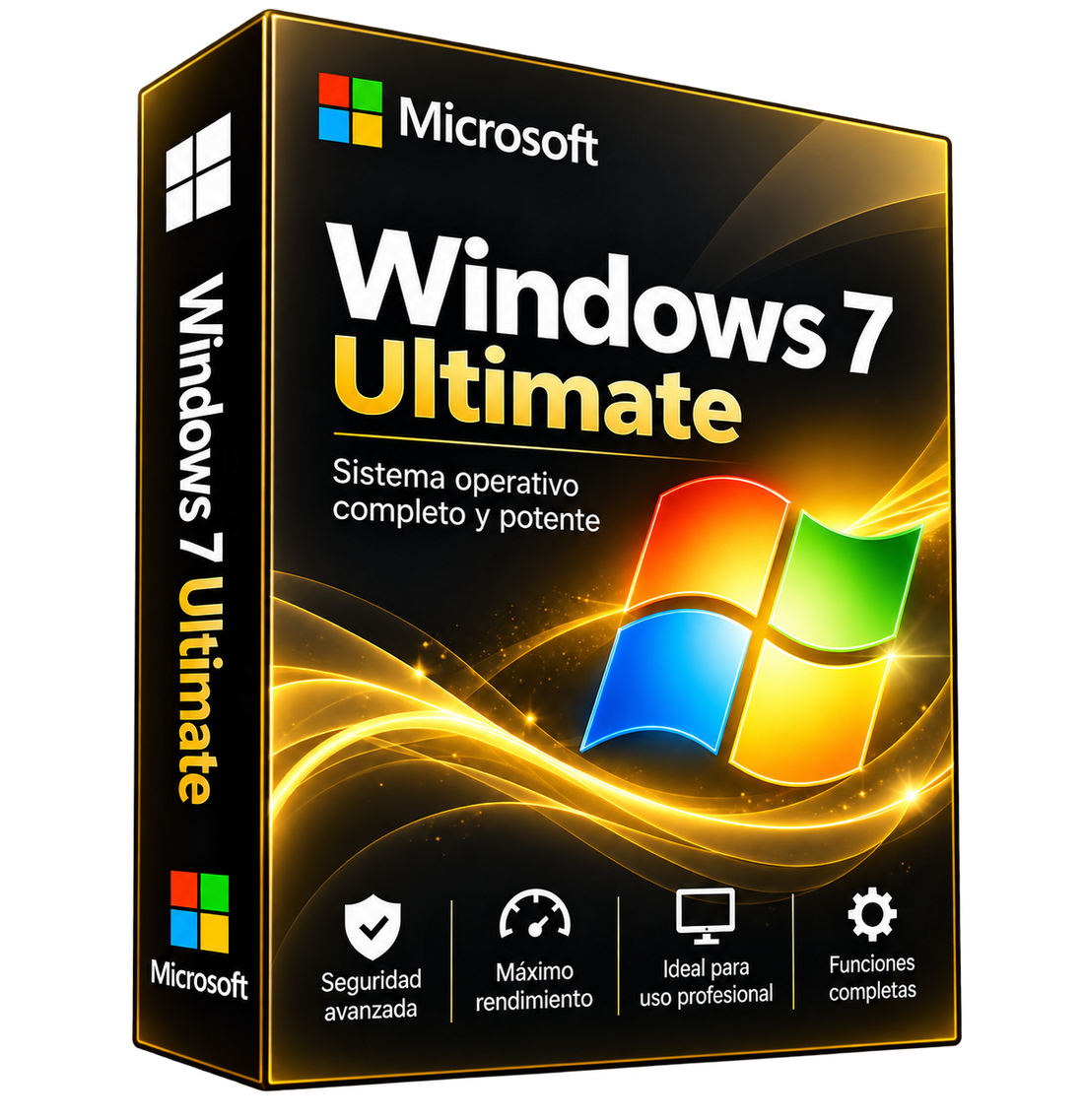 Windows 7 Ultimate, imagen ilustrativa de caja negra y dorada